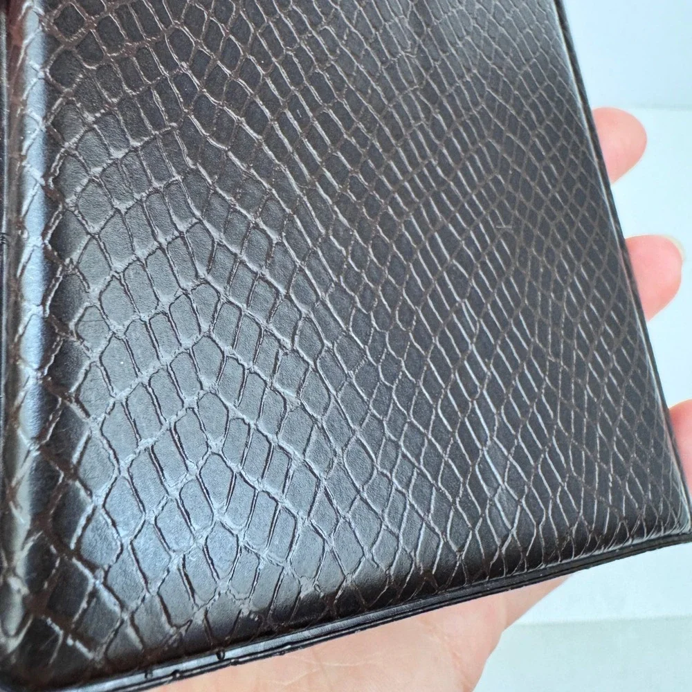 Small Vtg Dark Brown Reptile Scale Faux Leather Photo Pic Album Gold Accents